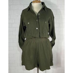 Morning side Womens Waffle Knit Romper Size Small Army Green Vintage Cotton Long